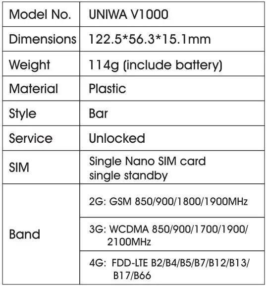 UNIWA Elder Mobile Phone - Product Specifications 1