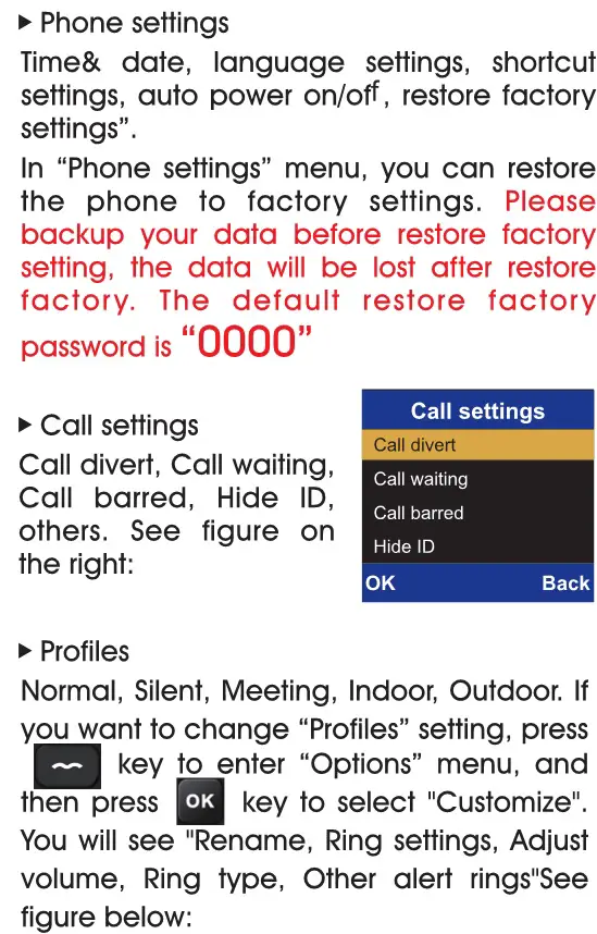 UNIWA Elder Mobile Phone - Settings 2