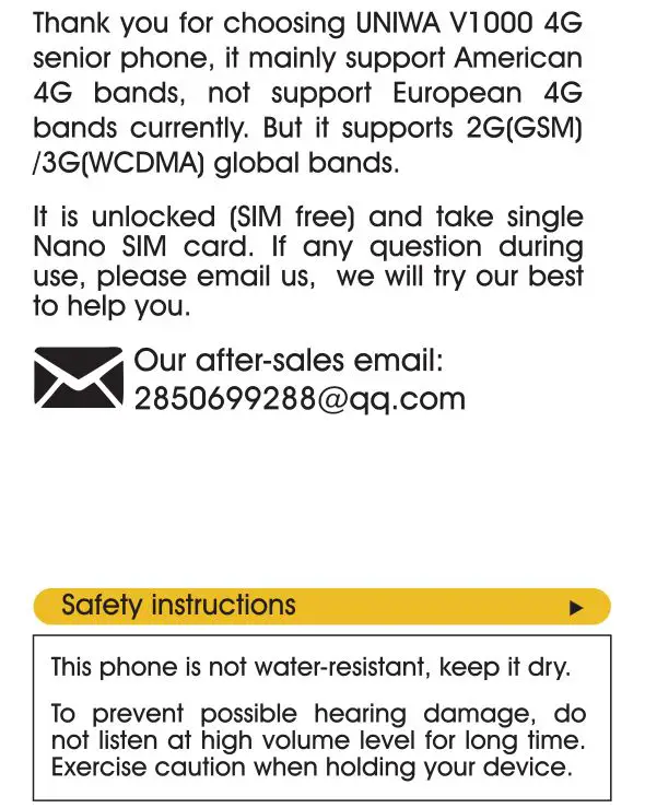 UNIWA Elder Mobile Phone - Thanks You & Safety