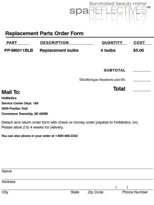 Homedics M-8090 illuminated beauty mirror spa REFLECTIVES Instruction - Order Form