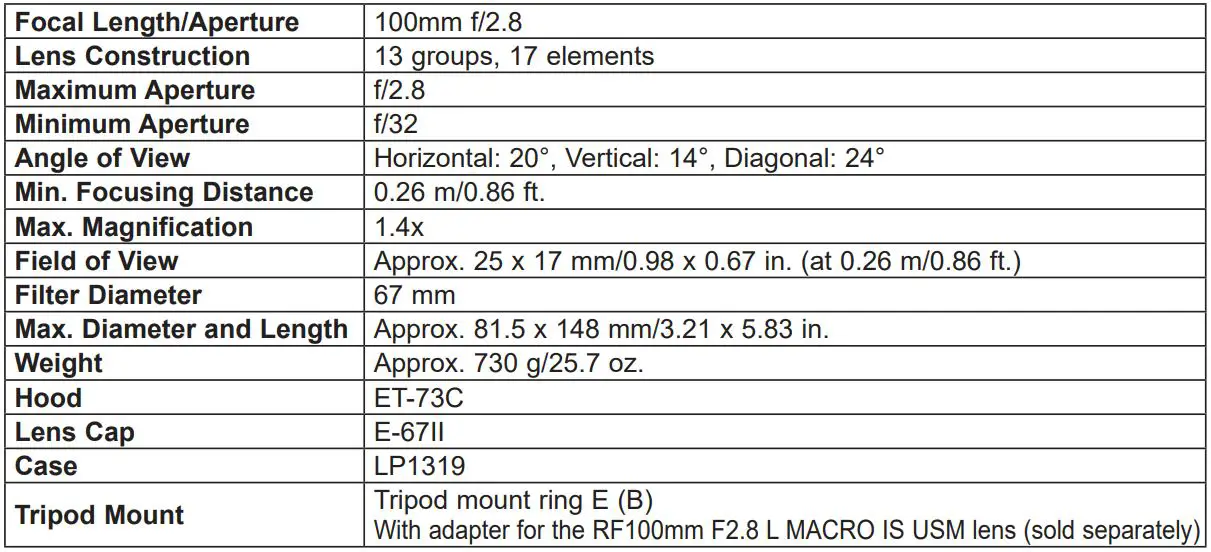 Canon 100mm F2.8 L Macro IS USm Instructions - Specifications