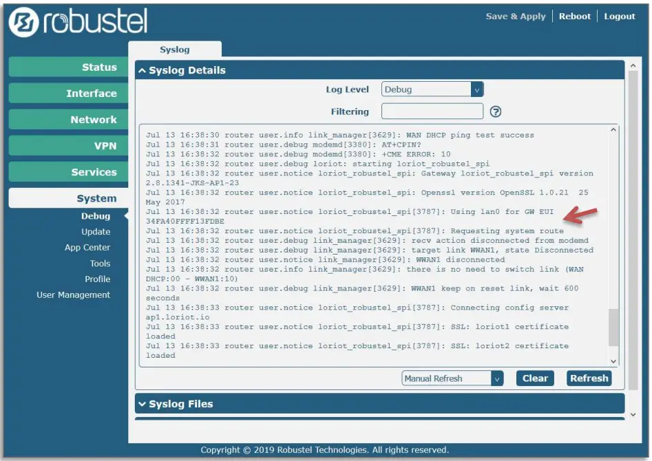 Debug log confirming