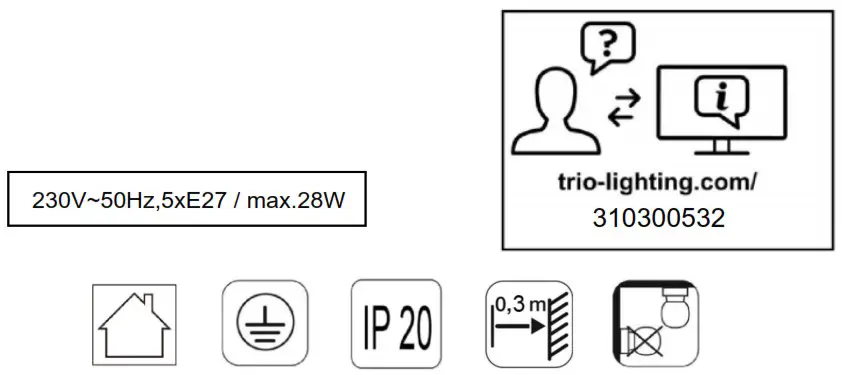 TRIO 310300532 Hanging Ceiling Lamp Clayton 5x28W - Product Overview 2