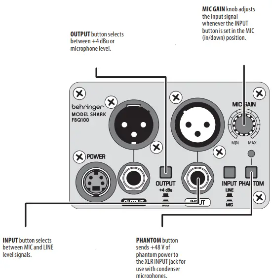behringer FBQ100 Shark Automatic Feedback Destroyer - SHARK FBQ100 Controls