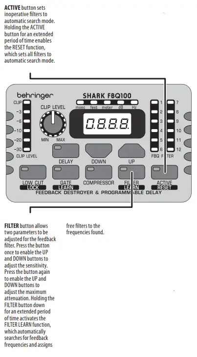 behringer FBQ100 Shark Automatic Feedback Destroyer - SHARK FBQ100 Controlsa