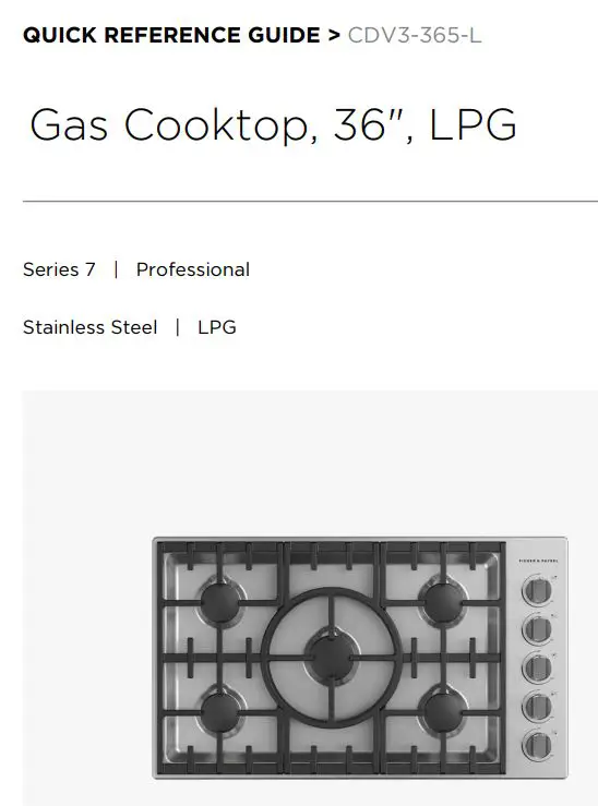 FISHER PAYKEL CDV3-365-L Gas Cooktop, 36 Inch LPG User Guide