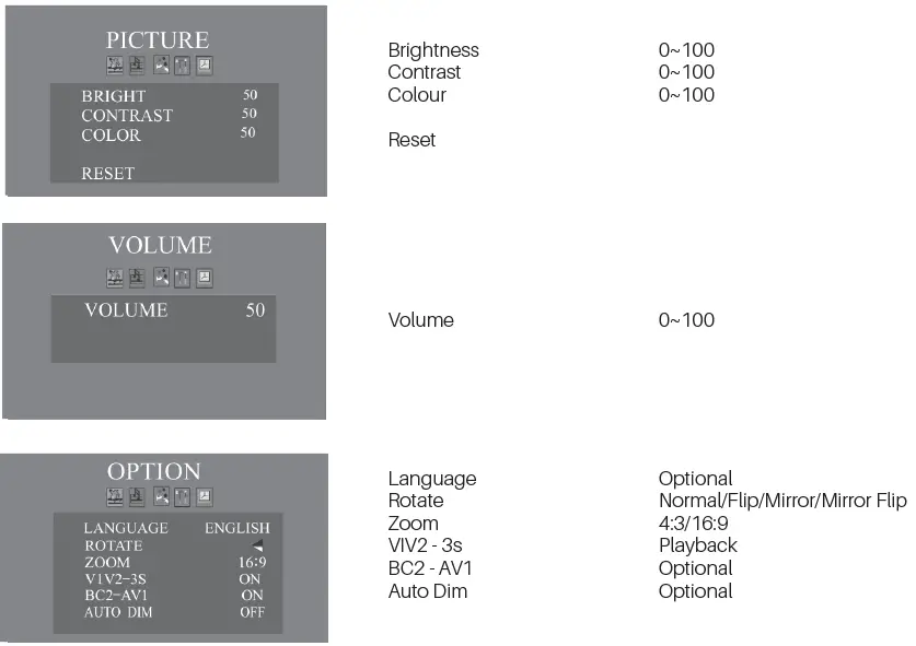 axis JS5020K 5 Inch Monitor and Camera Kit MENU OPERATION INSTRUCTION