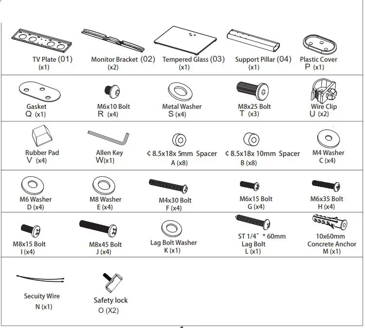 FORGING MOUNT Universal TV Stand HY4111 - Supplied Parts List