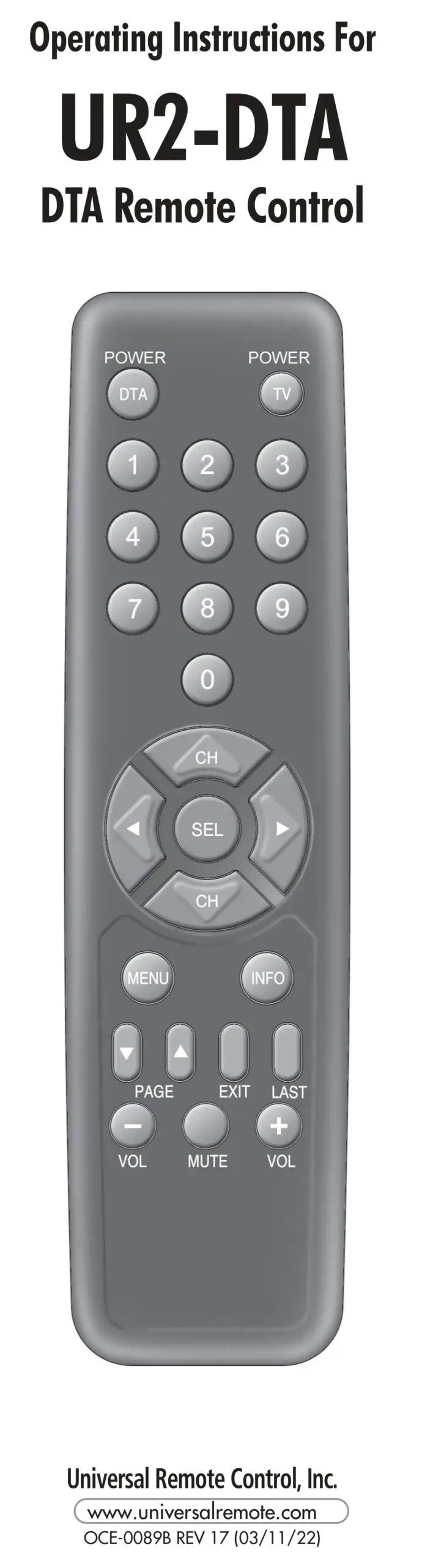 URC Automation UR2-DTA DTA Remote Control Instruction Manual