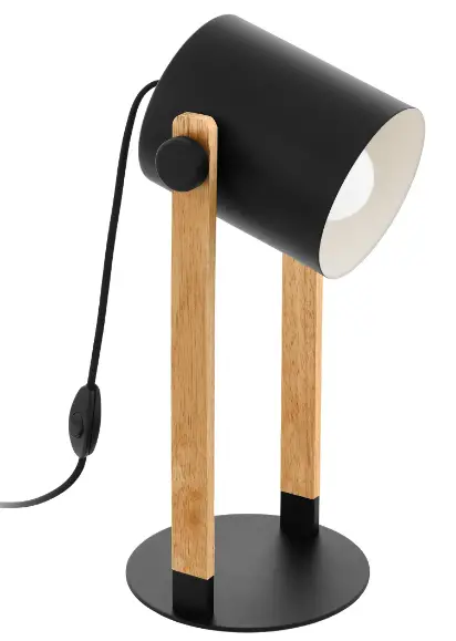 LeuchtenDirekt LED Table Lamp, Black, Cord Switch, Wood Look, Industrial Design, Table Lamp