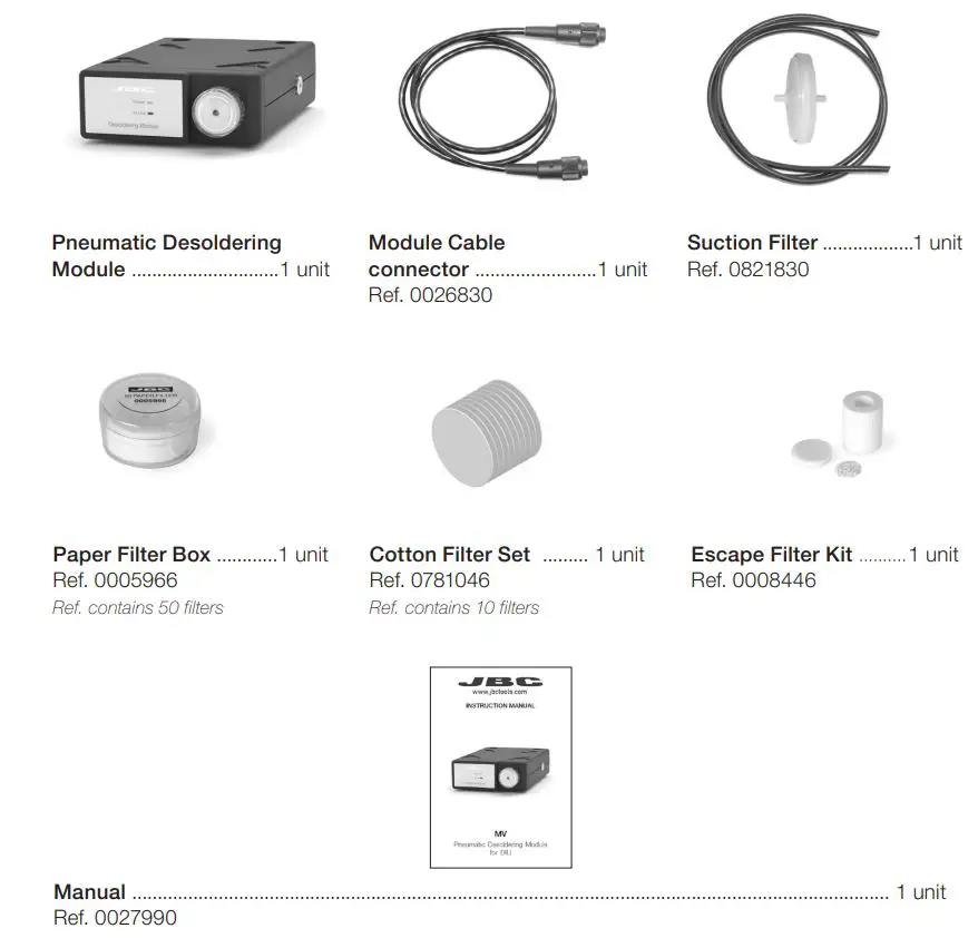 JBC MV Series MV-A Pneumatic Desoldering Module for DIU Instruction Manual - Packing List