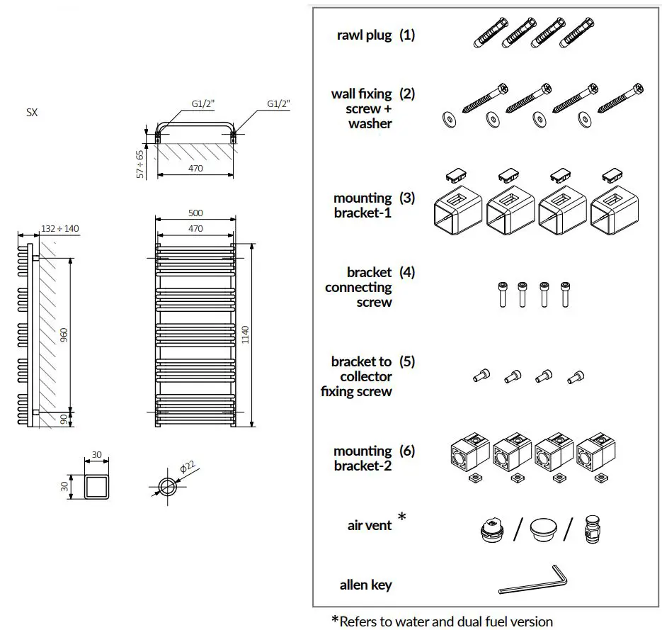 TERMA 2017BTU Alex Heated Towel Rail Installation Guide - Fixing kit content