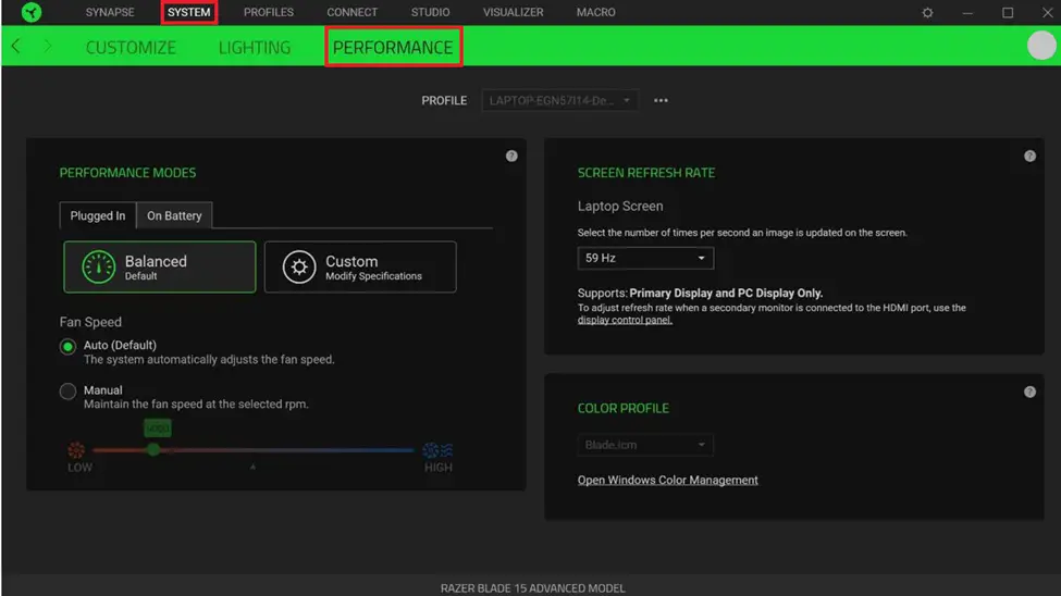 Changing the performance mode in Synapse 3
