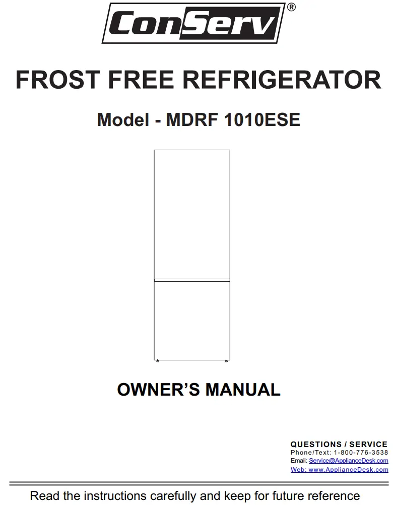 ConServ MDRF 1010ESE Frost Free Refrigerator Owner's Manual