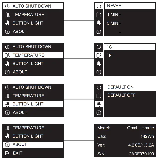 omnicharge Omni Ultimate - MENU NAVIGATION