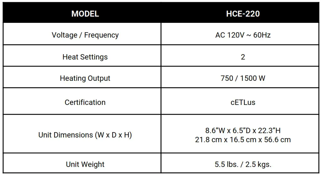 Royal Sovereign Digital Ceramic Tower Heater HCE-220 - SPECIFICATIONS