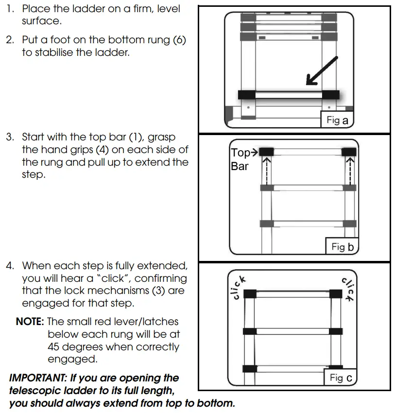 Clarke TL-2C Telescopic Ladder Instruction Manual - TO OPEN THE LADDER TO FULL LENGTH