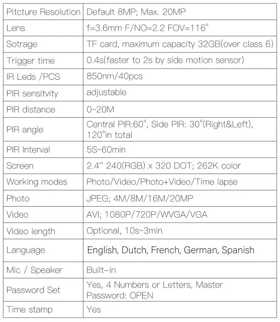 WILDPIX Professional game camera with night watch - TECHNICAL SPECIFICATIONS 1