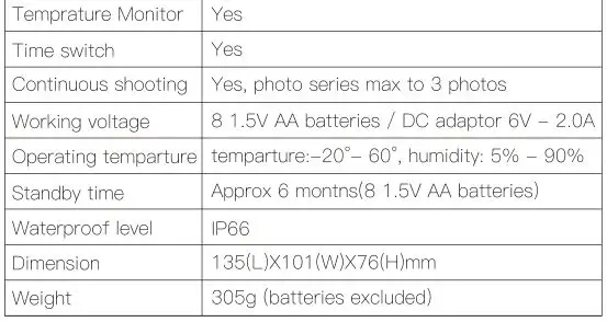 WILDPIX Professional game camera with night watch - TECHNICAL SPECIFICATIONS 2