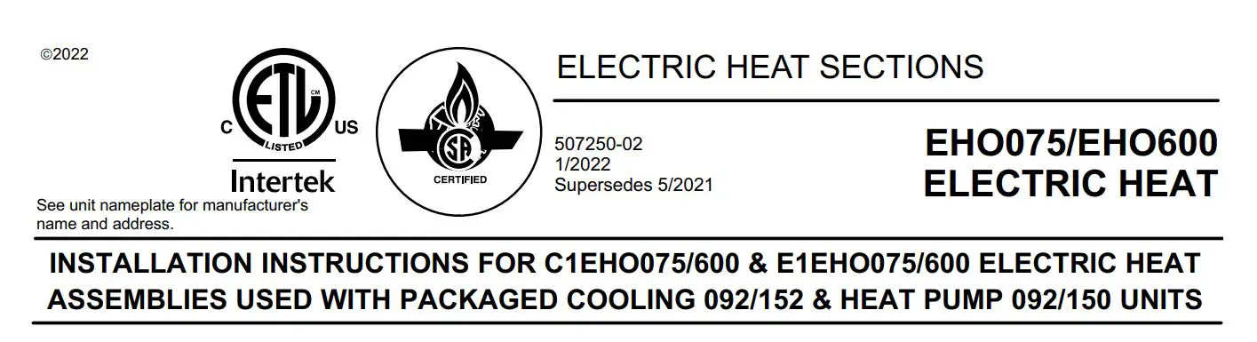 LENNOX EHO600 Electric Heat Instruction Manual