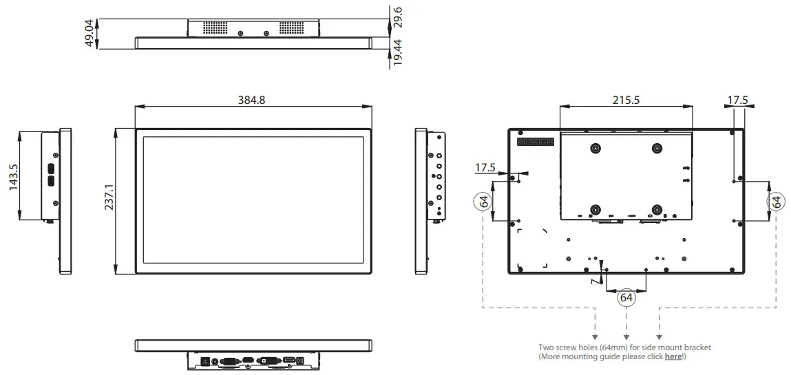 ADVANTECH 15.6 Panel Mount Monitor - Dimensions
