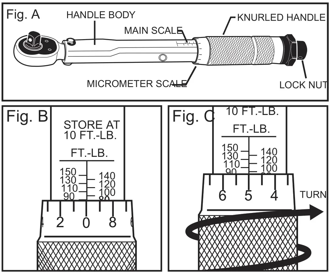 TACKLIFE HTW2A 1,2-Inch Drive Click Torque Wrench - SETTING TORQUE READING FigA,B,C