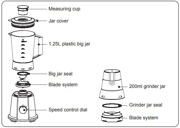 Midea MBL-35BK Table Blender Instruction Manual - Parts & features