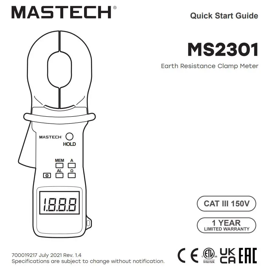MASTECH MS2301CBGLO Earth Resistance Clamp Meter User Guide