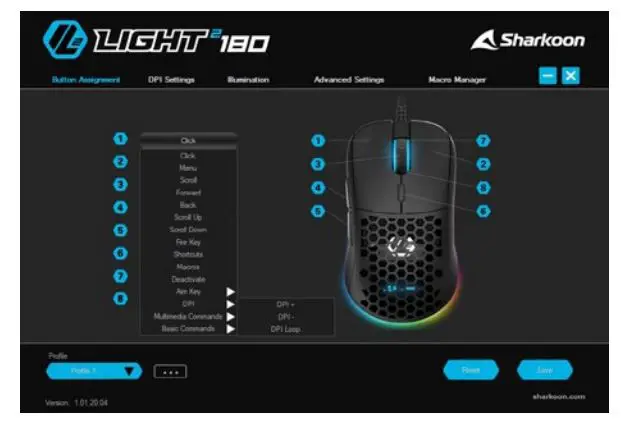 Sharkoon Light-2 180 Ultra Lightweight Gaming Mouse - Button Assignment