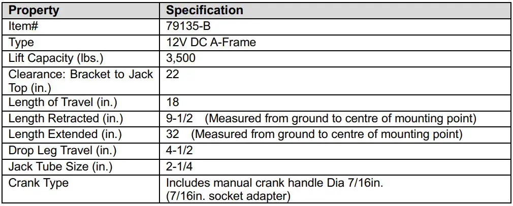 INTERTEK Electric Trailer Jack Owner’s Manual - TECHNICAL SPECIFICATIONS