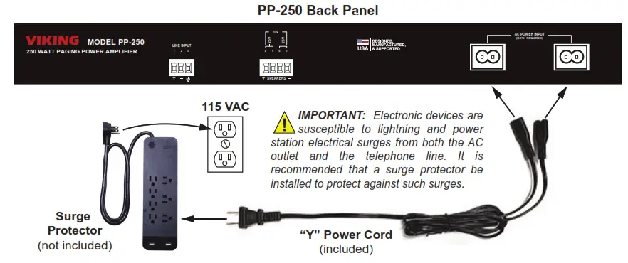 VIKING PP-250 250 Watt 70V Paging Power Amplifier - AC Power Input