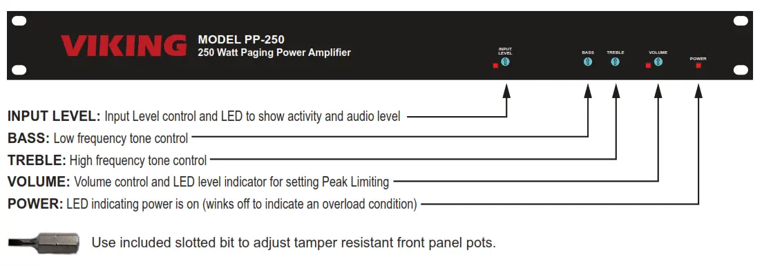 VIKING PP-250 250 Watt 70V Paging Power Amplifier - Front View
