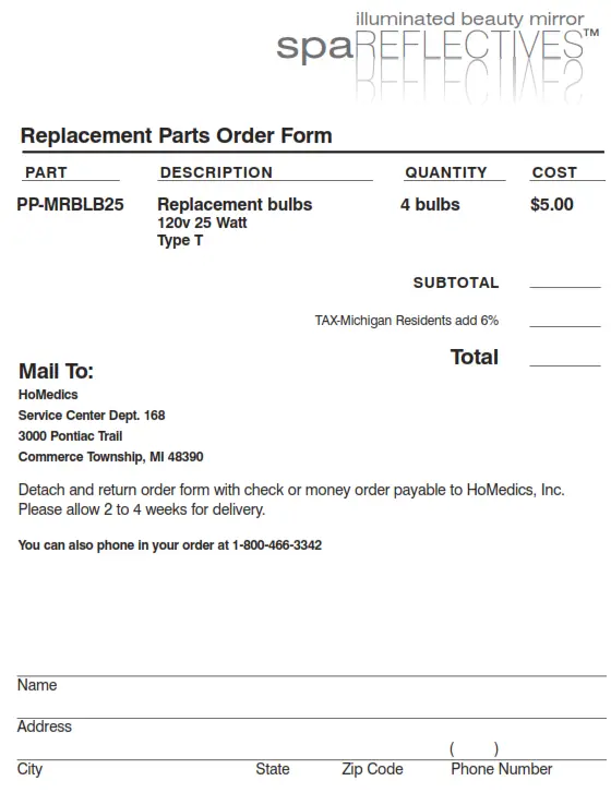 Homedics M-8101F illuminated beauty mirror spa REFLECTIVES - Order Form