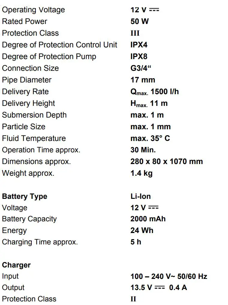 Westfalia 937373 Li-Ion Battery Rain Barrel Pump with Telescopic Suction Tube Instruction Manual - Technical Data