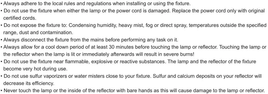 Hydro CRUNCH 315W CMH COMPLETE GROW LIGHT SYSTEM - Safety Recommendations and Warnings