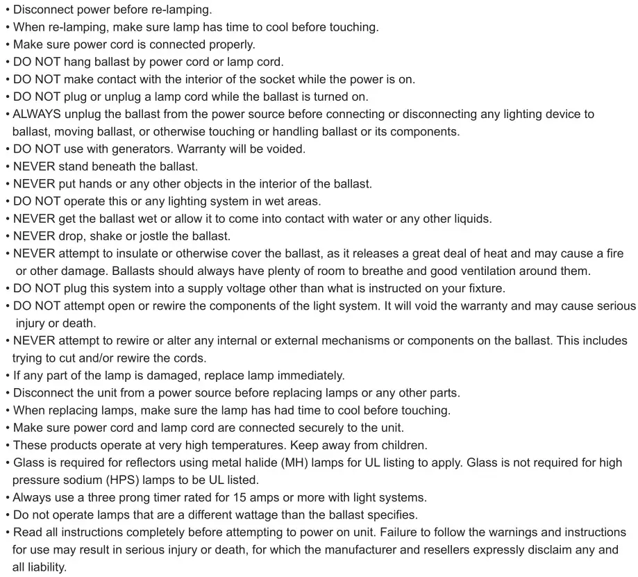 Hydro CRUNCH 315W CMH COMPLETE GROW LIGHT SYSTEM - WARNINGS AND INSTRUCTIONS