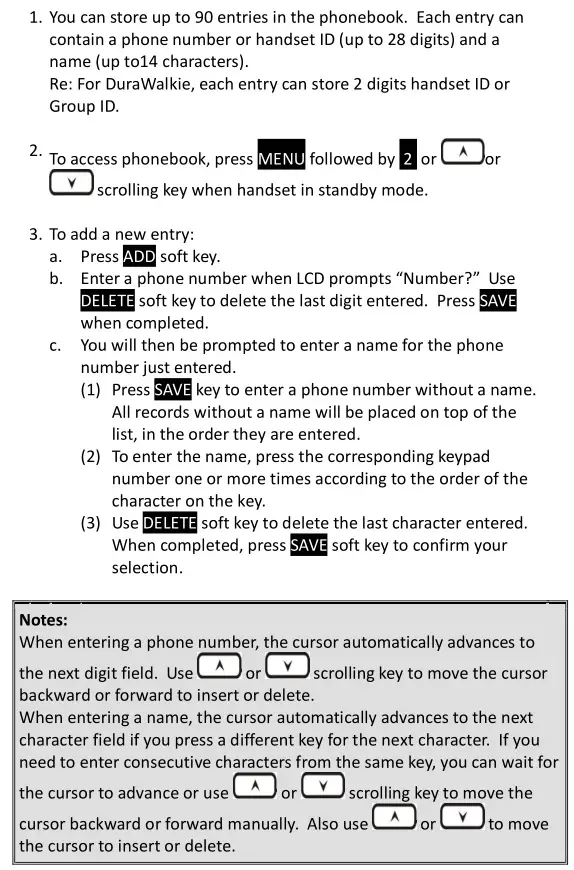DuraFon PSL Digital Long Range Cordless System - Phonebook Operations 1