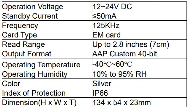 Arrowhead Alarm Products PW WIEGAND-SK4 Proximity Reader Instructions - Specifications