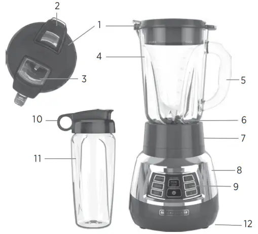 BLACK DECKER BL1400DG-P Quit Blender with Cyclone Glass Jar - PARTS AND FEATURES