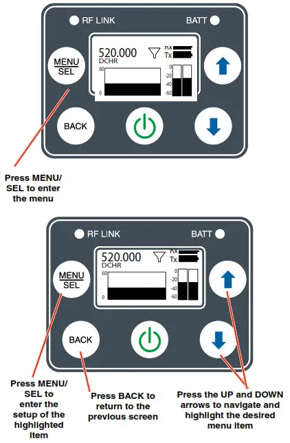 LECTROSONICS DCHR Digital Camera Hop Receiver - Navigating the Menus