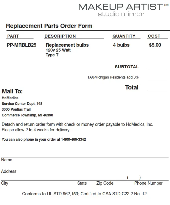 Homedics M-8125 Makeup Artist Studio Mirror - Order Form