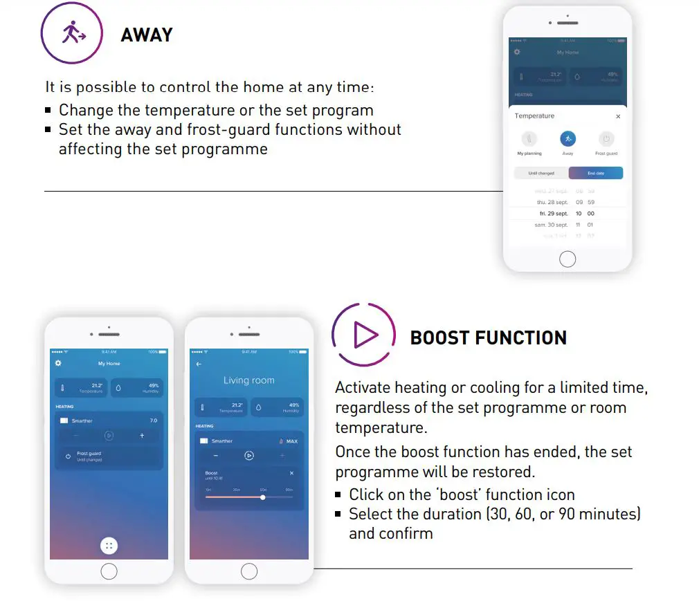 legrand 049039 Connected Thermostat Smarther with Netatmo Flush Mounting User Guide - Away & Boost Function