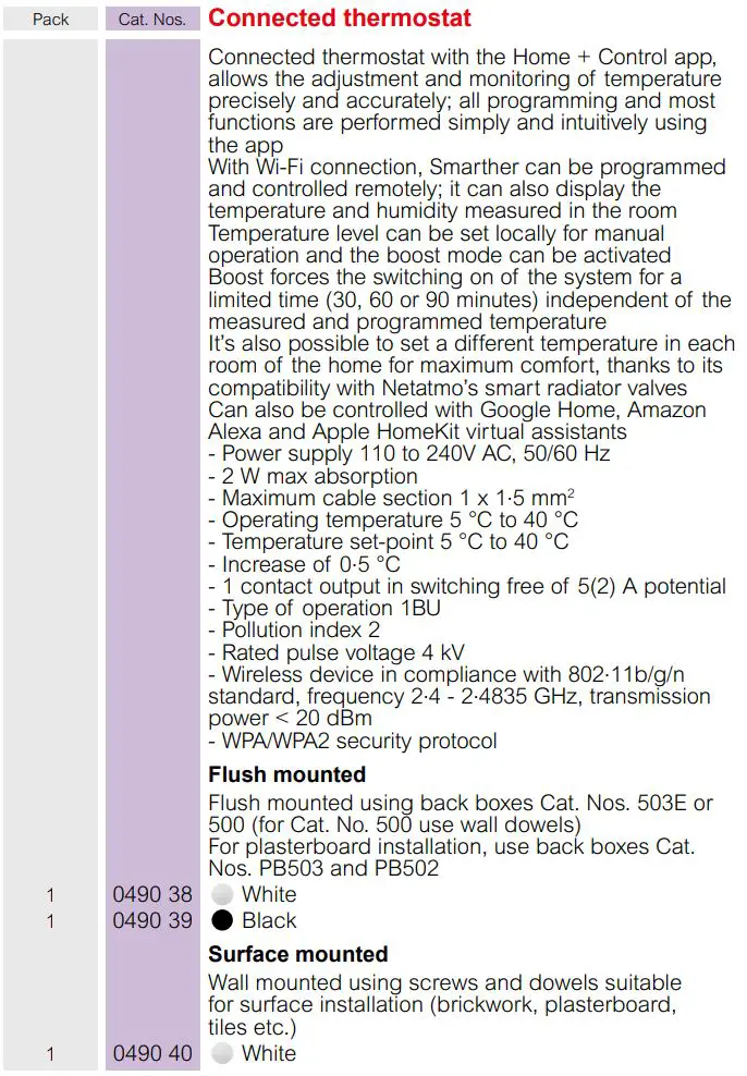 legrand 049039 Connected Thermostat Smarther with Netatmo Flush Mounting User Guide - connected thermostat