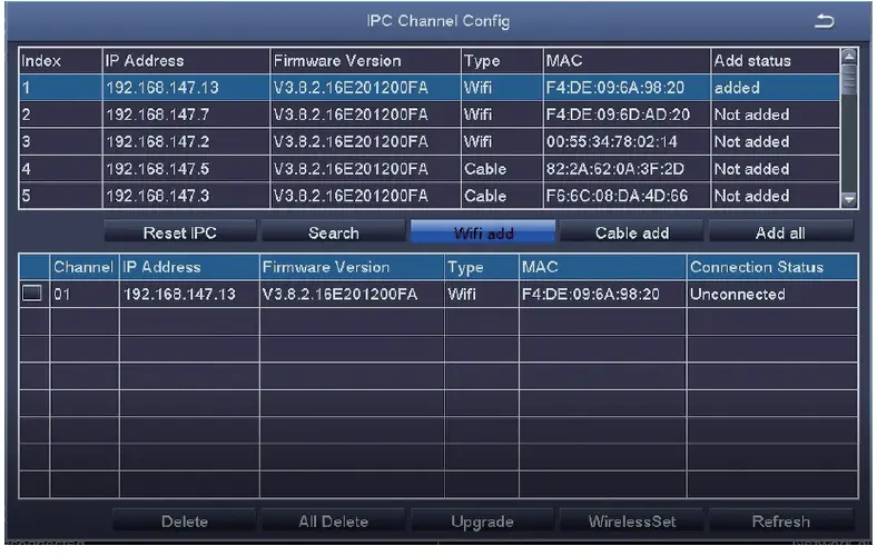 Tick the IPC channel, click WiFi add.