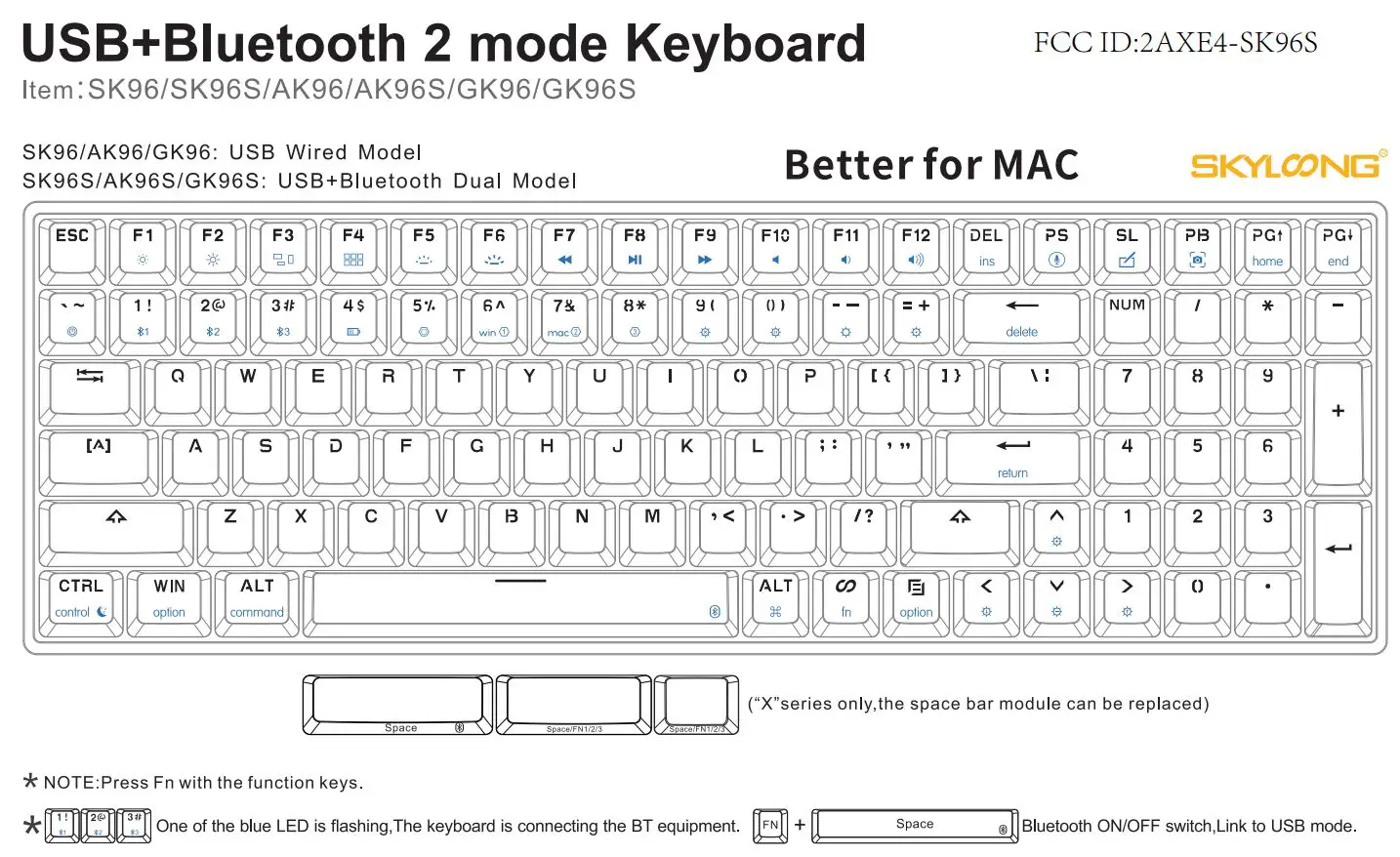 SKYLOONG SK96 RGB Wireless Wired Mechanical Keyboard Instructions