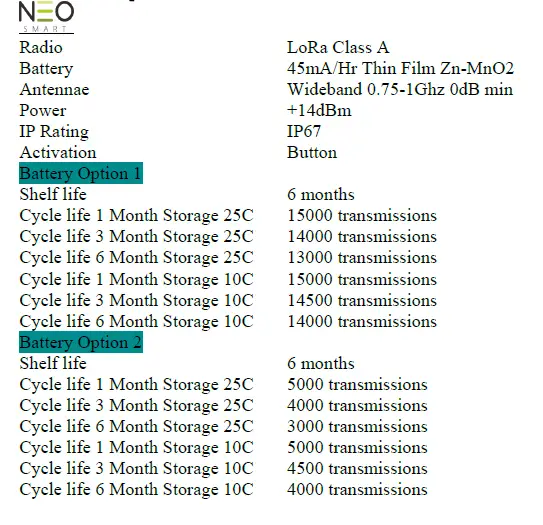 Sensor Specifications