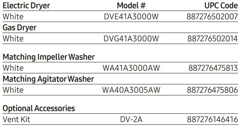 SAMSUNG 7.2 cu. ft. Electric Dryer Sensor Dry 8 Drying Cycles User Guide - Electric Dryer, Model, UPC Code