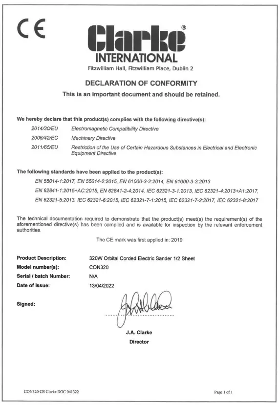 Clarke CON320 Orbital Sander - DECLARATIONS OF CONFORMITY1