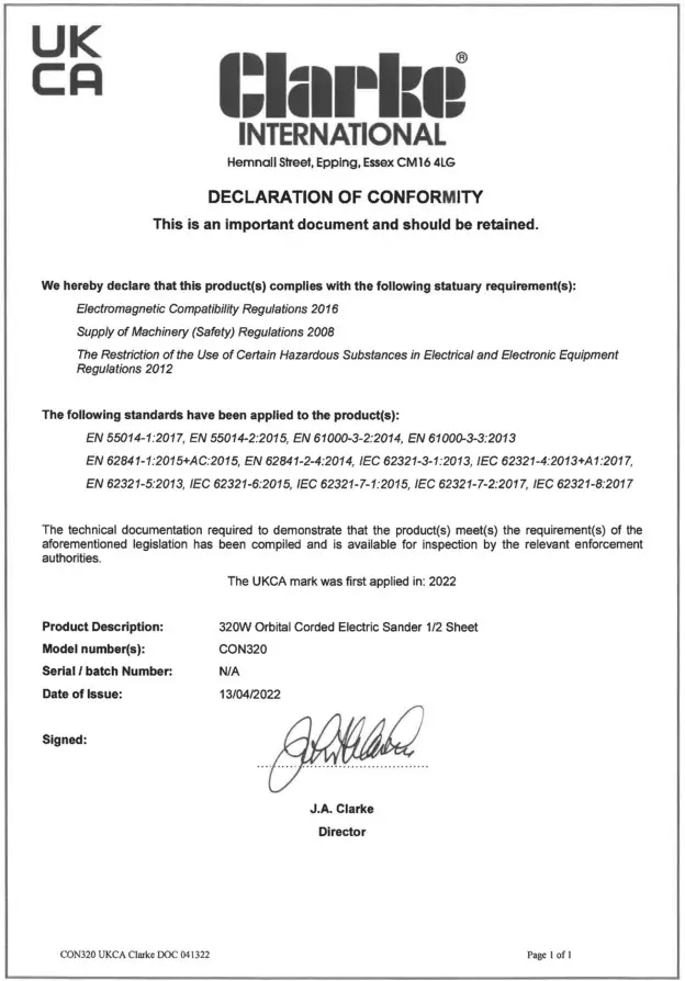 Clarke CON320 Orbital Sander - DECLARATIONS OF CONFORMITY2