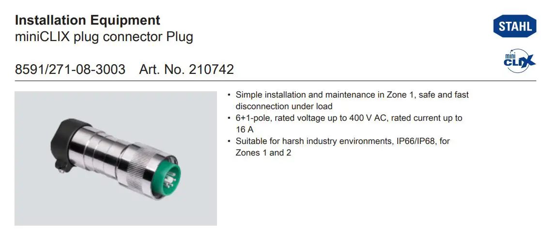 STAHL 210742 miniCLIX Plug Connector Plug Owner's Manual